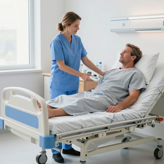 Enfermera ajustando la cama de un paciente en una luminosa sala de recuperación.