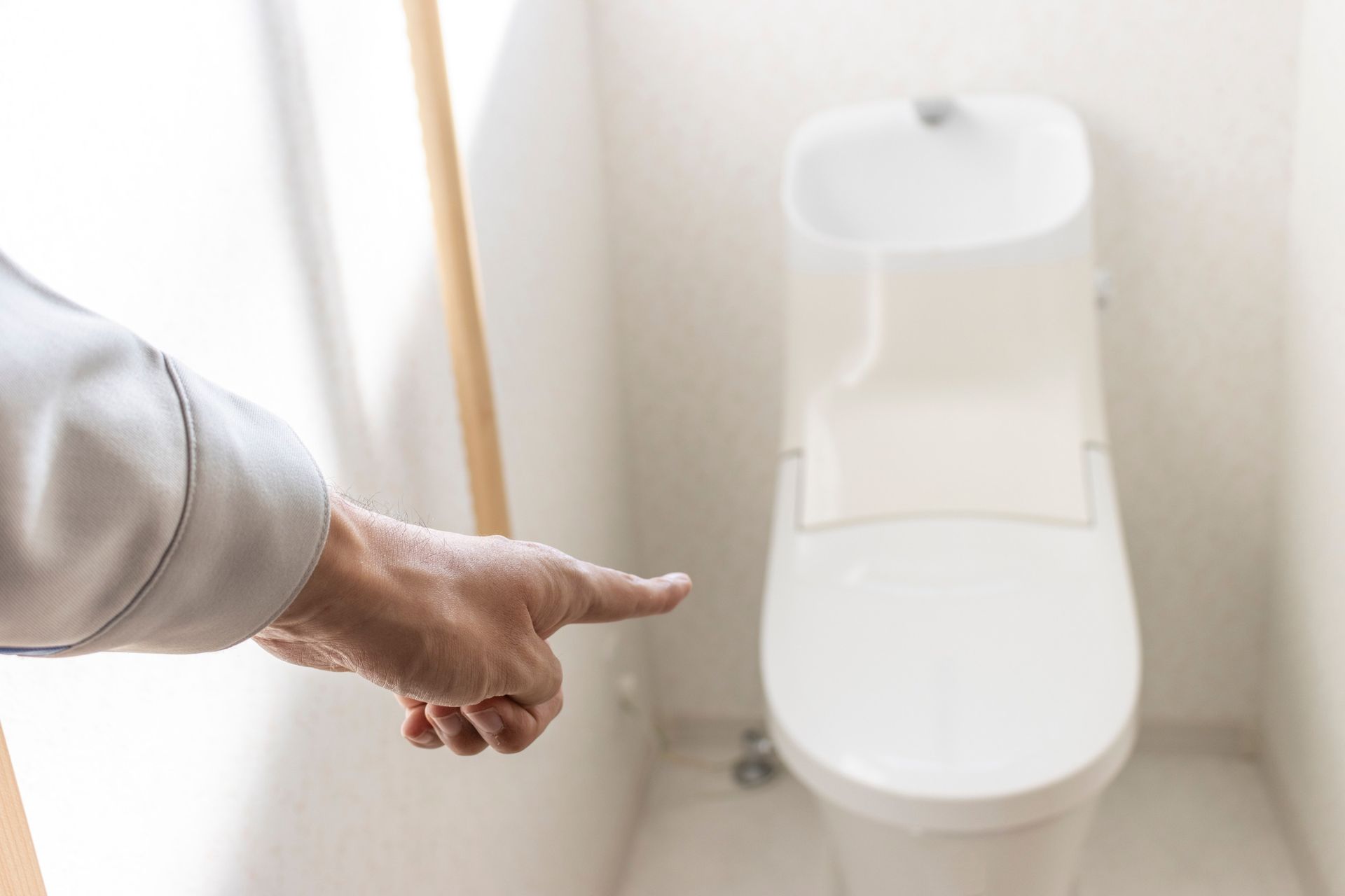Una persona está señalando un inodoro en un baño.