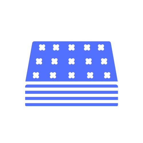 Un icono azul y blanco de un colchón sobre un fondo blanco.