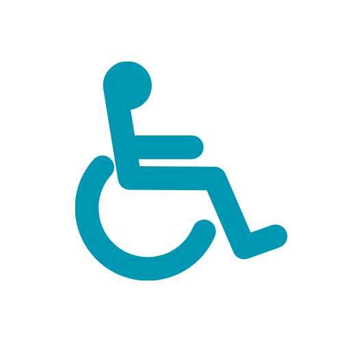 Un icono azul de una persona en silla de ruedas sobre un fondo blanco.