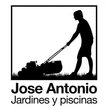 Silueta de una persona cortando el césped con el texto “Jose Antonio Jardines y piscinas” debajo.