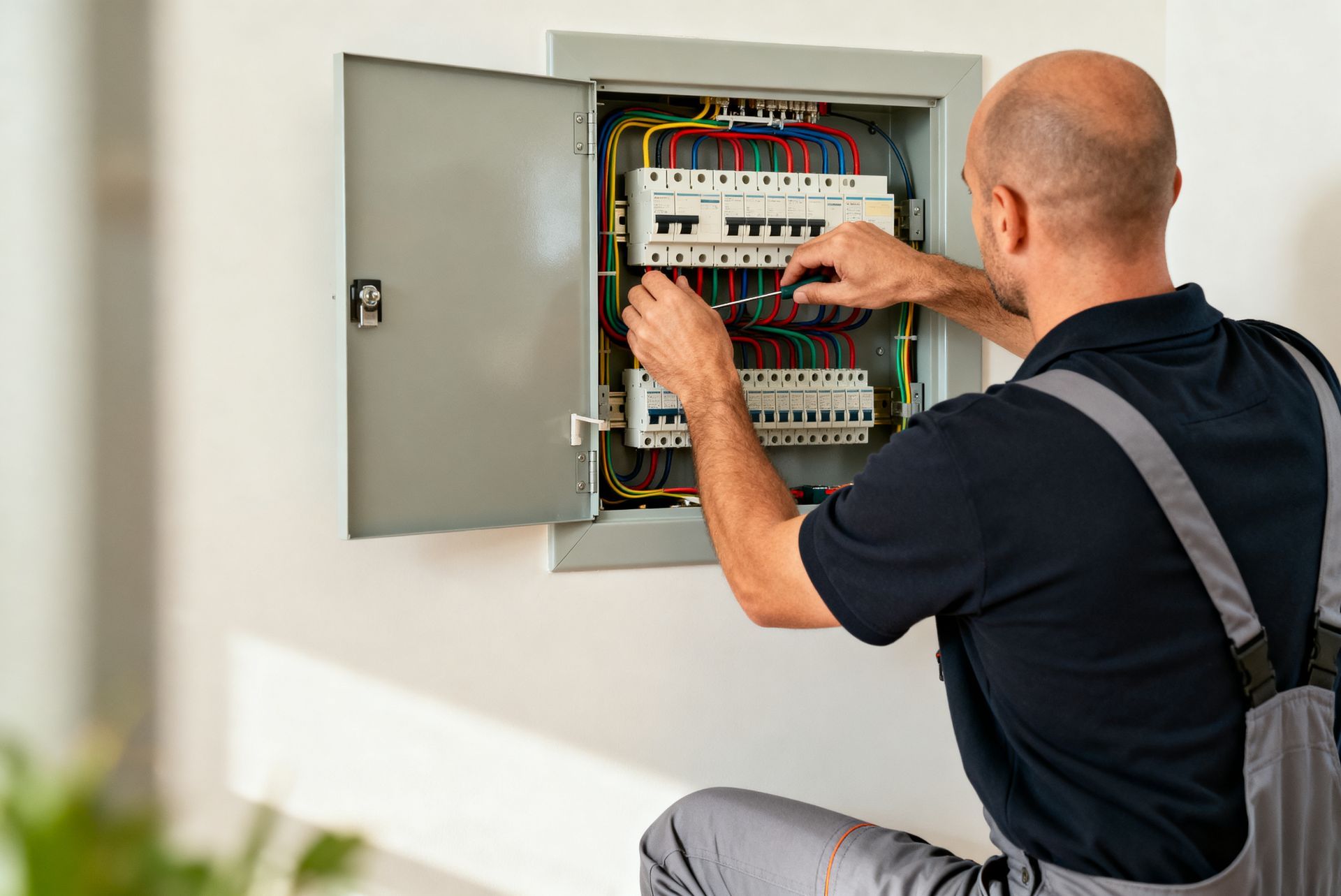 Un technicien modifiant un tableau électrique