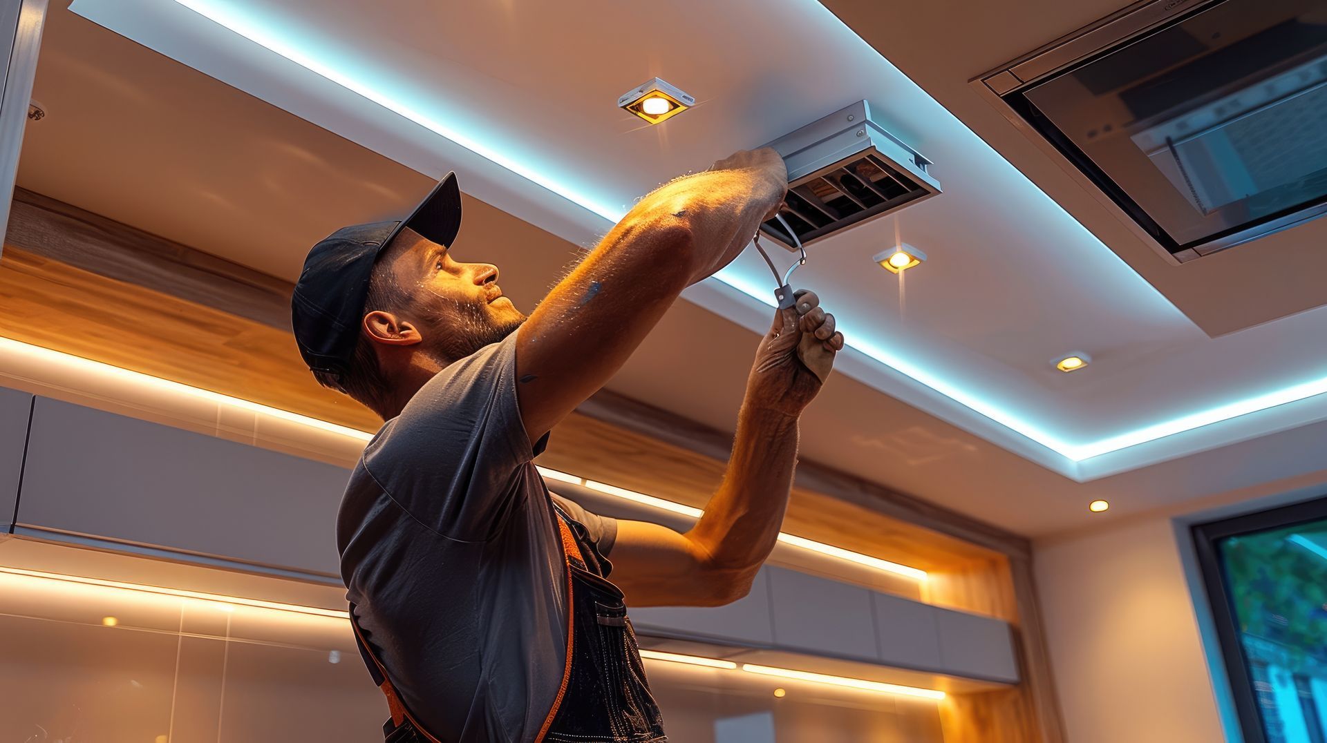 Un technicien qui installe un éclairage.
