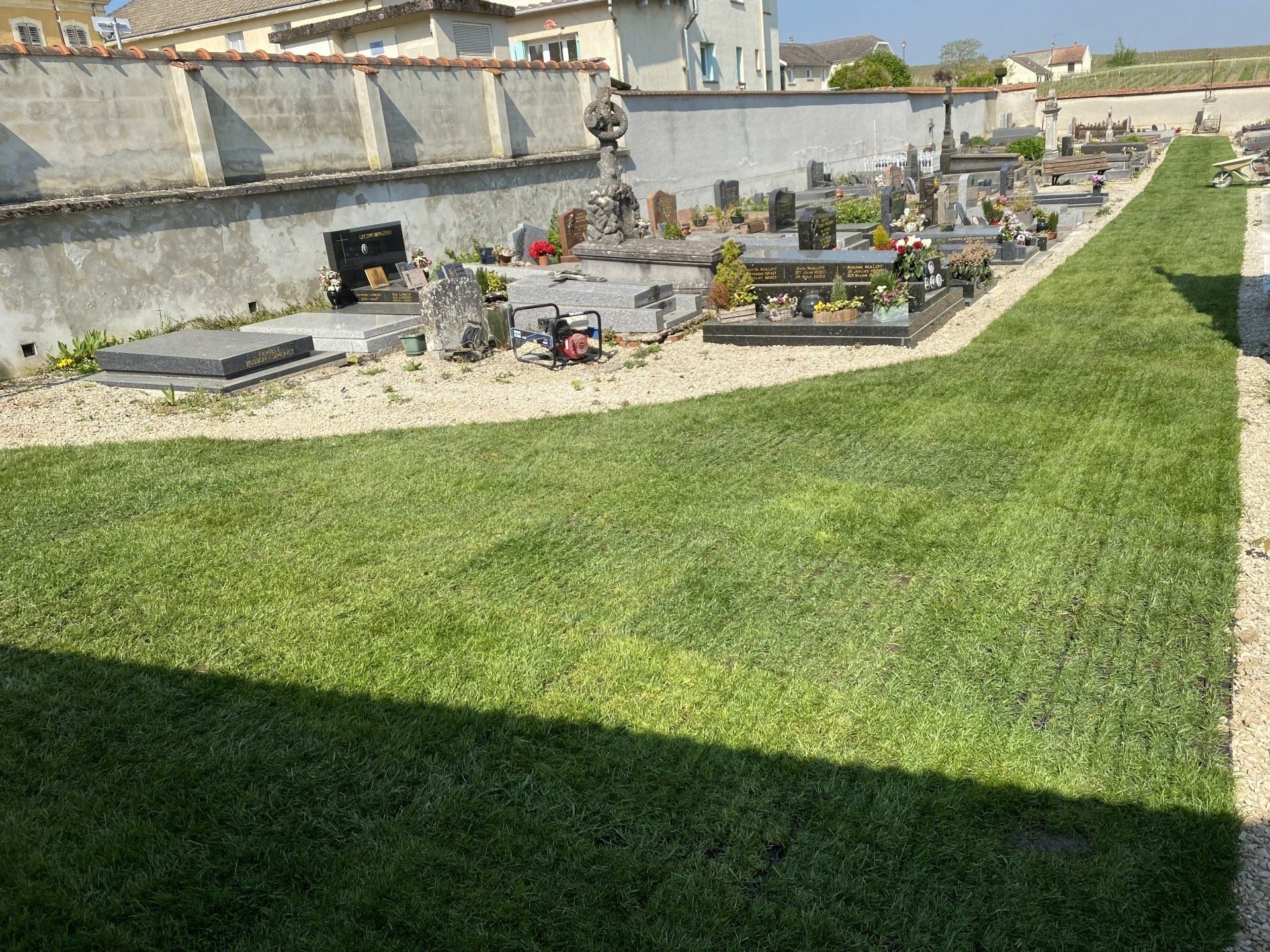 Dalles végétalisées d'herbe posées dans un cimetière