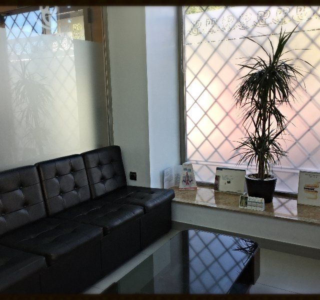 Una sala de espera con un sofá y una planta.