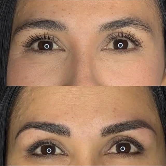 Una fotografía de antes y después de las cejas de una mujer.