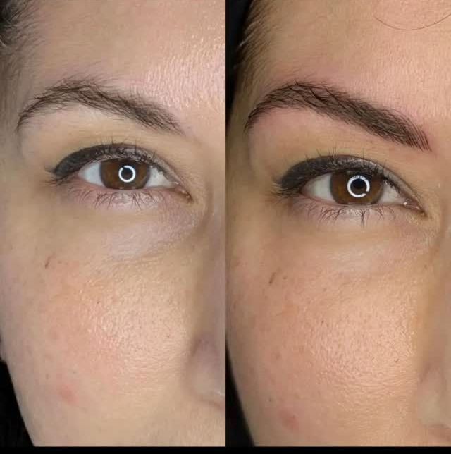 Una fotografía de antes y después de las cejas de una mujer.