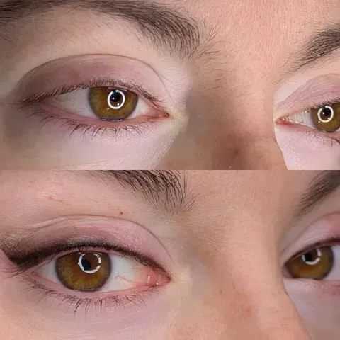 Un primer plano de los ojos de una mujer antes y después del maquillaje.