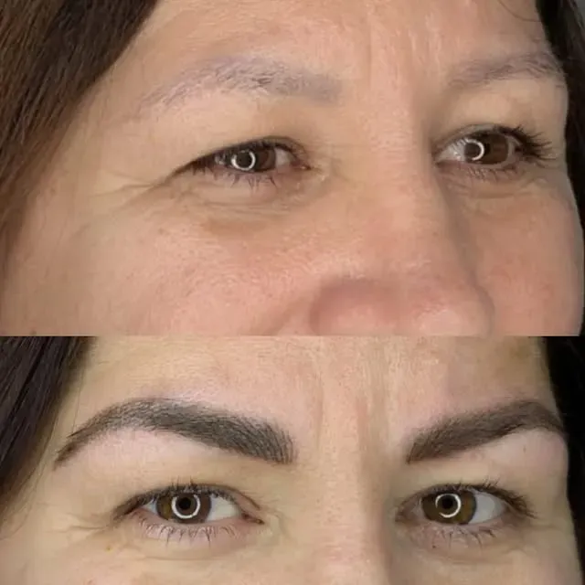 Una fotografía de antes y después de las cejas de una mujer.