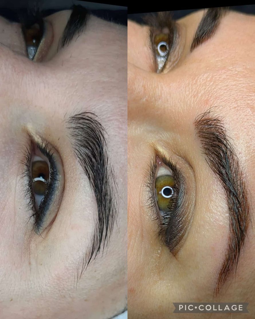 Una fotografía de antes y después de las cejas de una mujer.