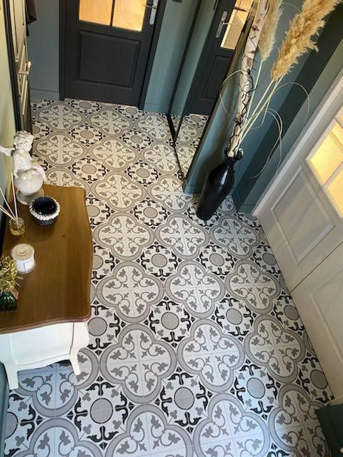 Carreaux de ciment baroques de couloir d'entrée.