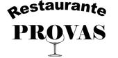 Logotipo do restaurante "PROVAS" com gráfico de taça de vinho.