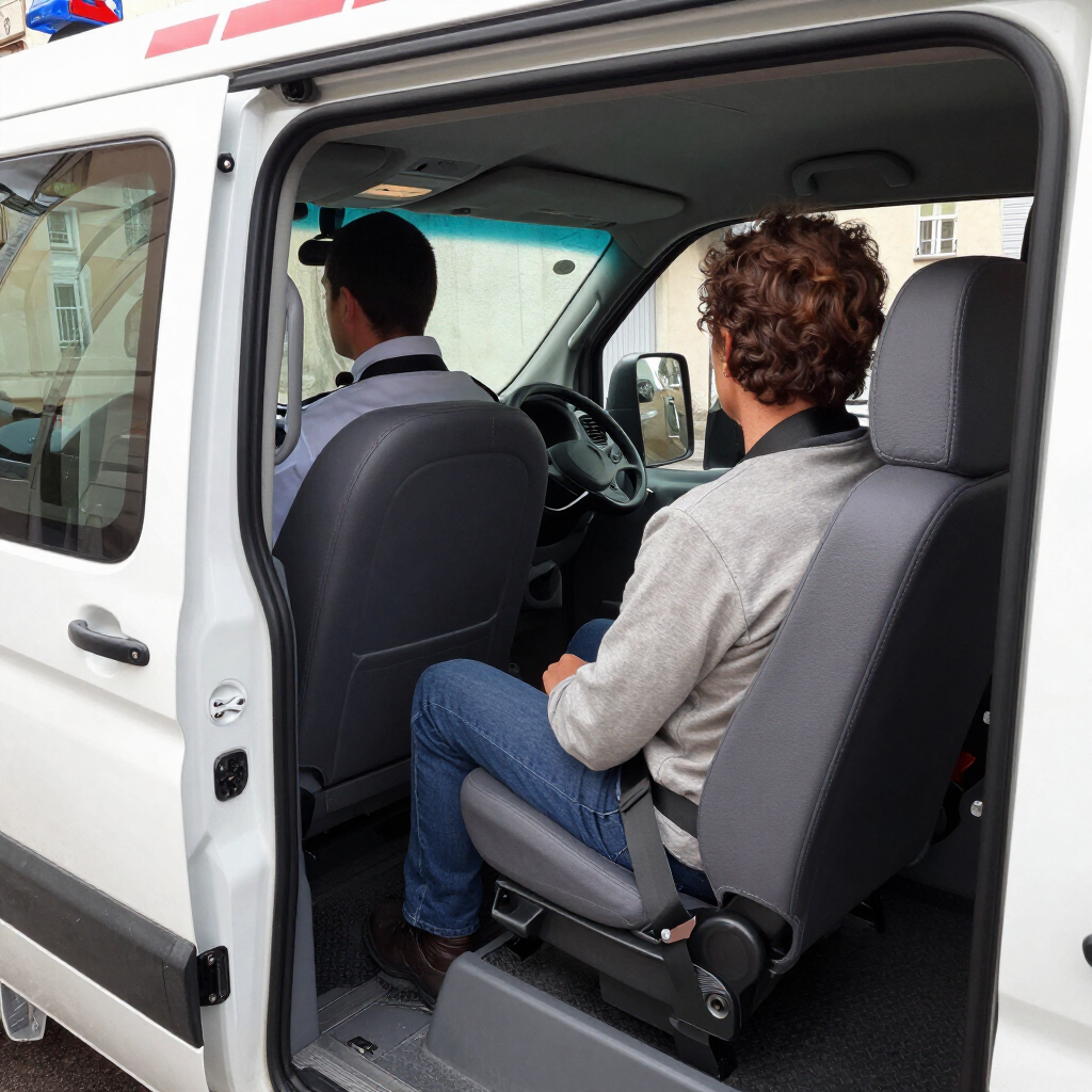 Deux personnes assises à l’intérieur d’une ambulance blanche, portière latérale ouverte.