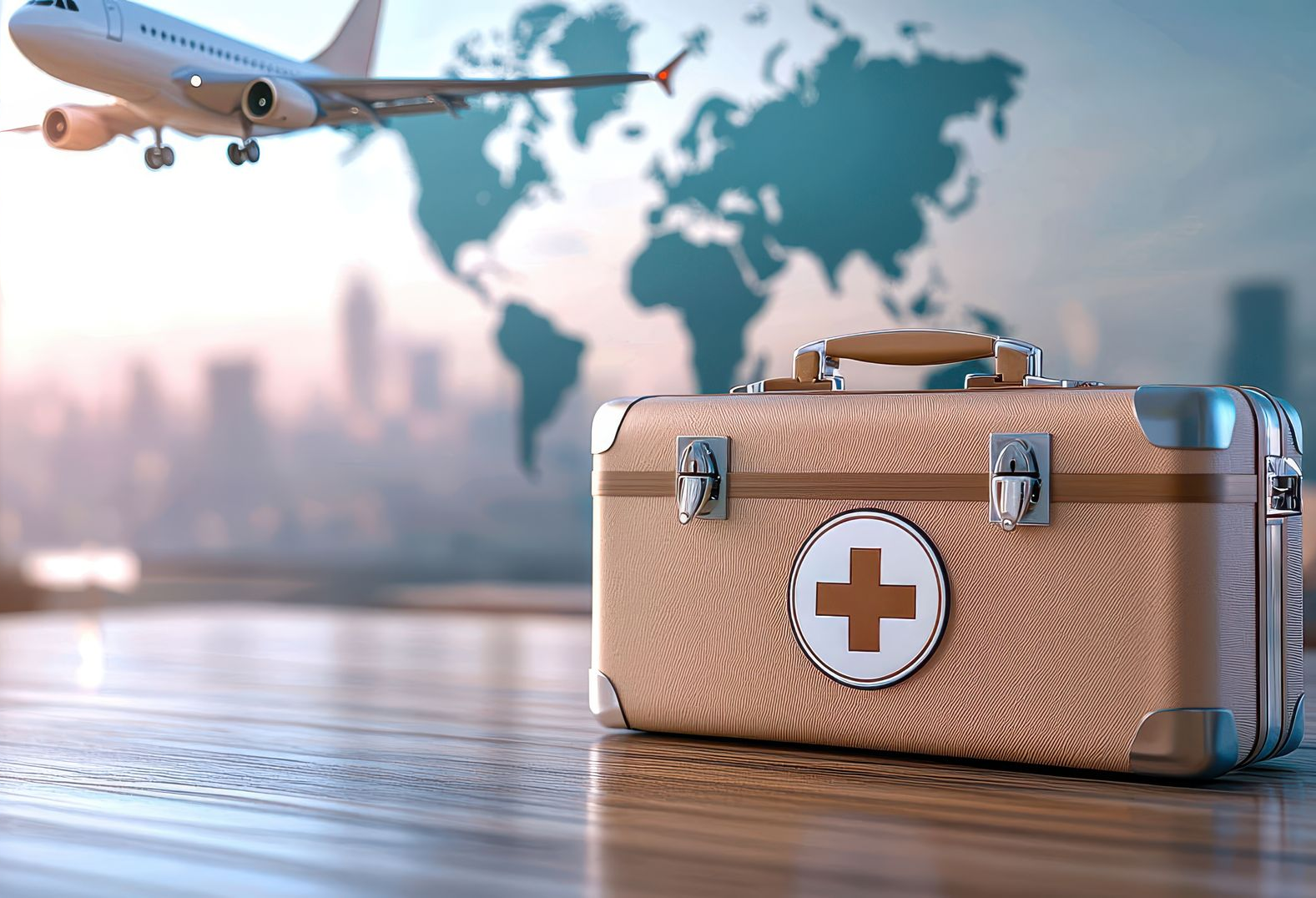 Trousse de premiers secours sur une table en bois, avec un avion en vol au-dessus et une carte du monde en arrière-plan.