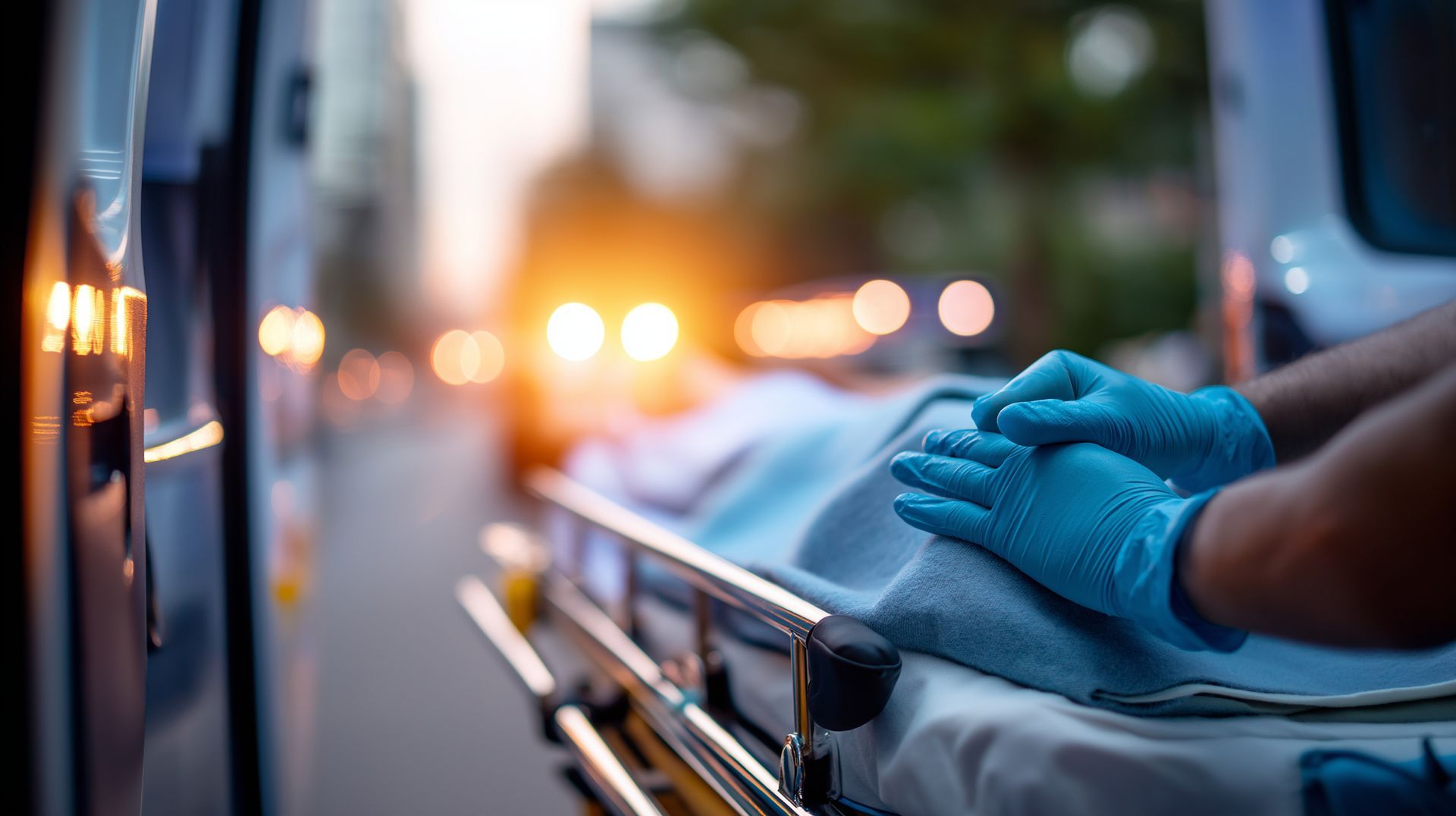 Des ambulanciers transportent un patient sur un brancard jusqu’à une ambulance au crépuscule.