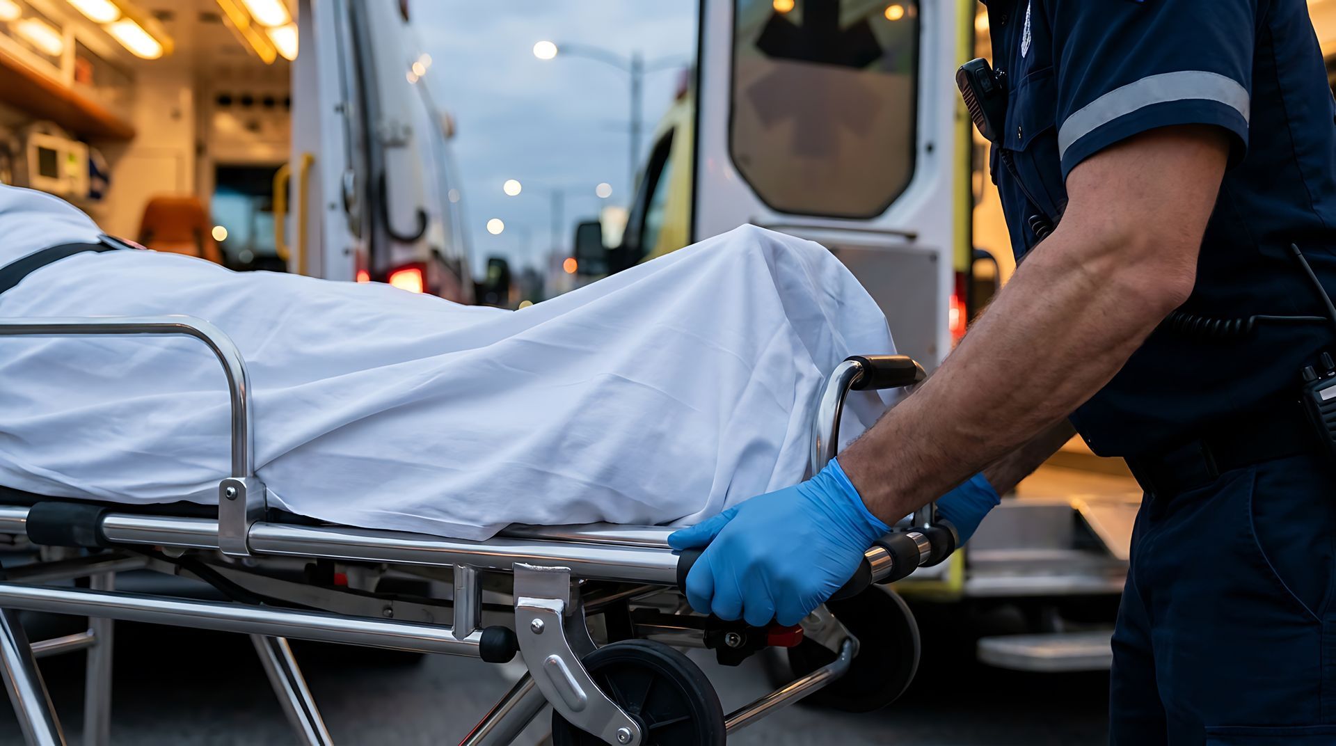 Un ambulancier fait rouler un brancard avec un patient couvert jusqu’à une ambulance au crépuscule.