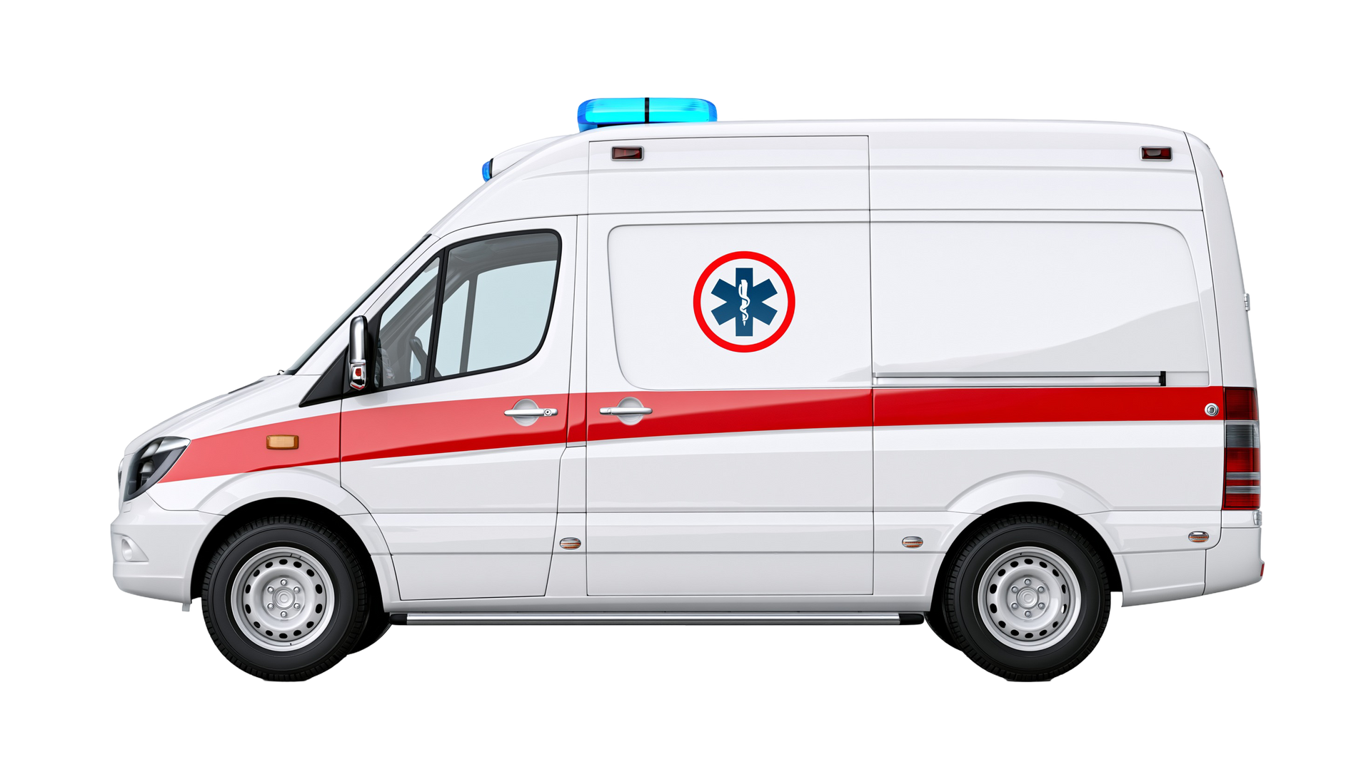 Fourgon ambulance blanc avec une bande rouge et des gyrophares bleus, vu de profil.