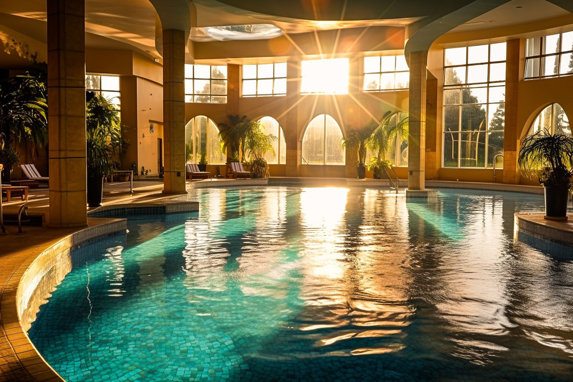 Piscine intérieure baignée de soleil, avec des fenêtres cintrées, des palmiers et des reflets sur l’eau.