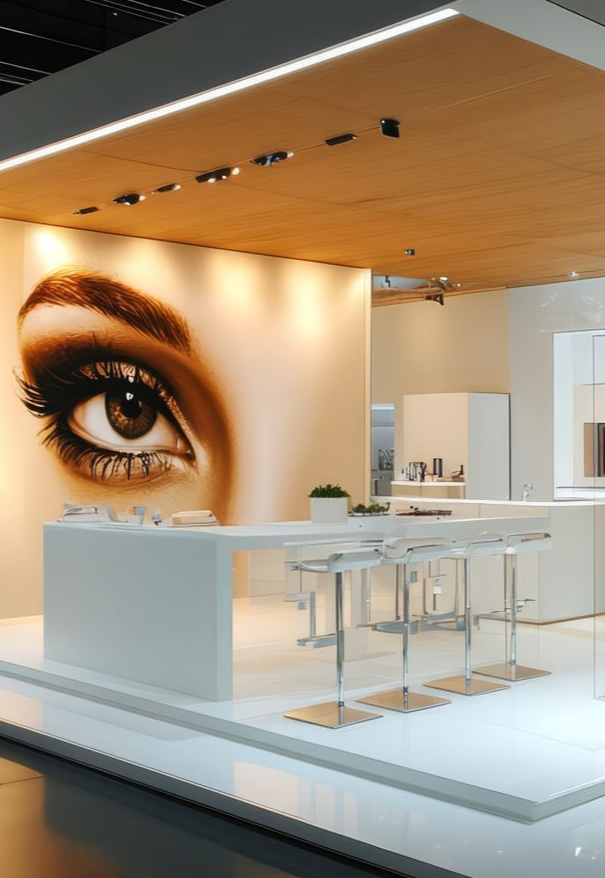 Stand d'exposition blanc avec un œil géant sur le mur ; design moderne.