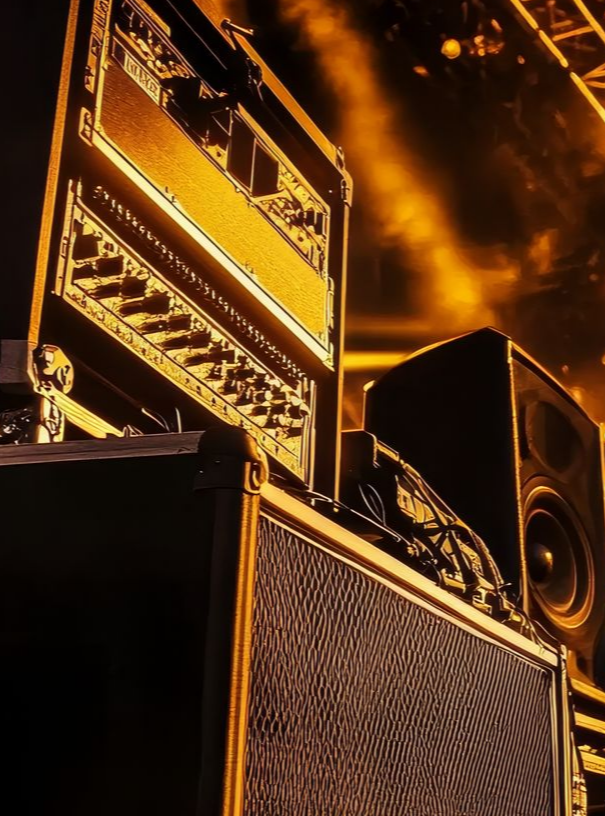 Une pile d'amplificateurs de guitare et d'enceintes sur une scène, baignée de lumière dorée.
