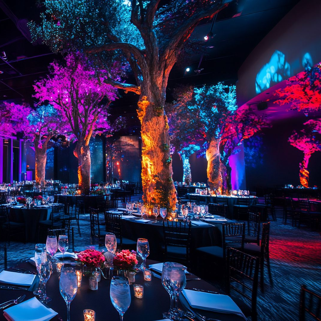 Tables dressées pour un événement formel dans une salle ornée d'arbres illuminés et d'un éclairage coloré.