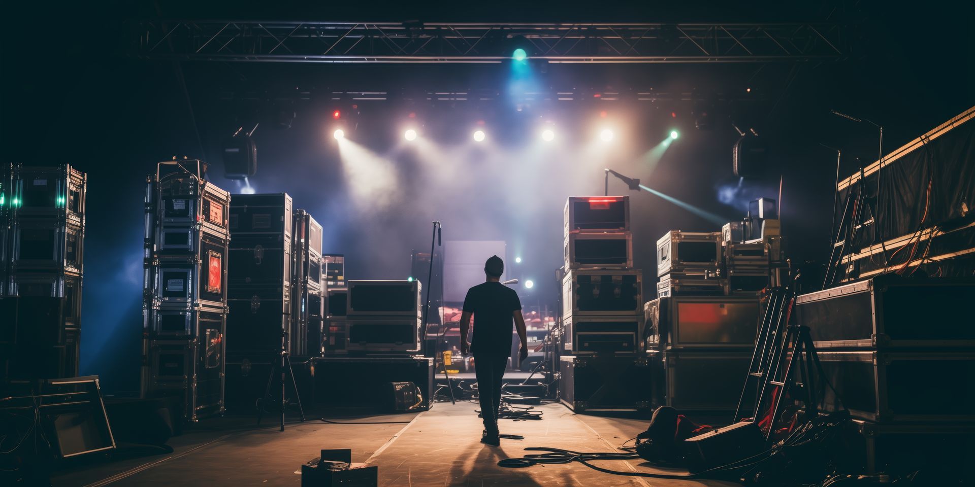 Une personne s'avance vers une scène illuminée et bordée d'équipements sonores.
