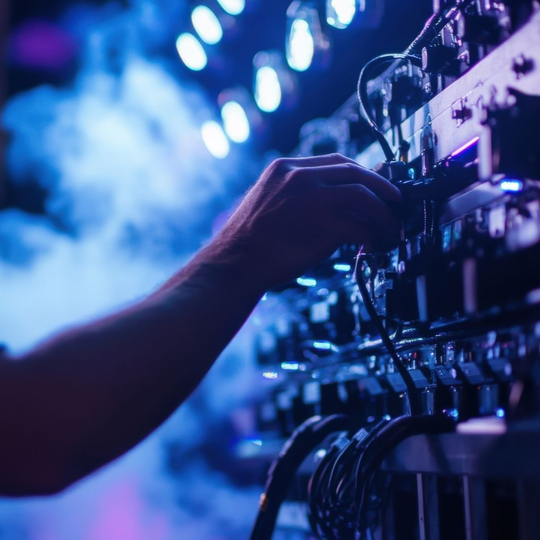 Des mains manipulent les boutons d'un rack d'équipements électroniques, avec des lumières bleues et de la fumée en arrière-plan.