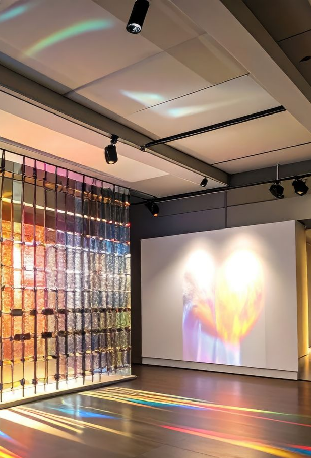 Une installation artistique jouant sur les reflets lumineux colorés d'un parquet. Des panneaux de verre créent des motifs arc-en-ciel sur un écran blanc.