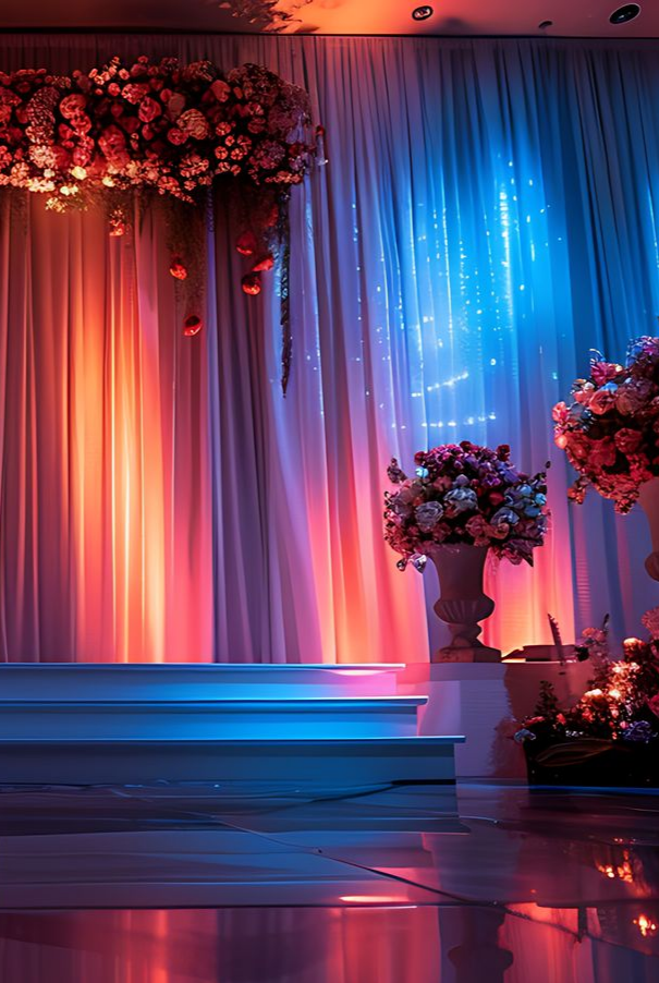 Scène avec drapés, fleurs et marches éclairées par des lumières orange et bleues.