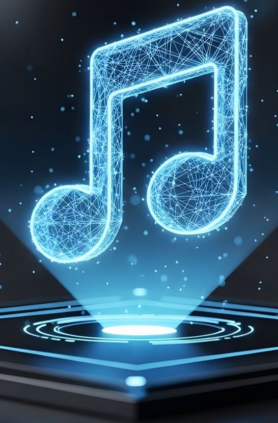 Hologramme lumineux d'une note de musique bleue projeté vers le haut depuis un téléphone.