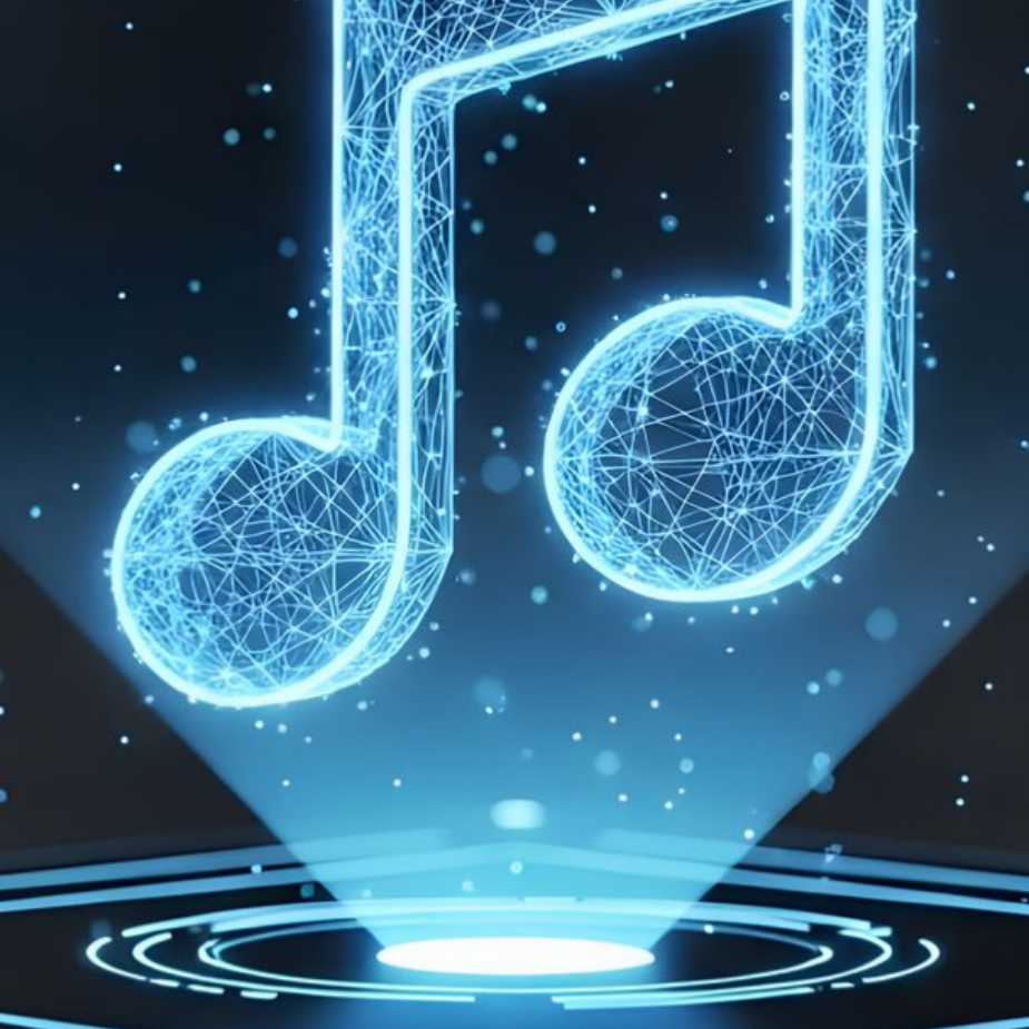 Note de musique bleue lumineuse composée de lignes reliées, projetée sur une surface sombre et entourée de particules.