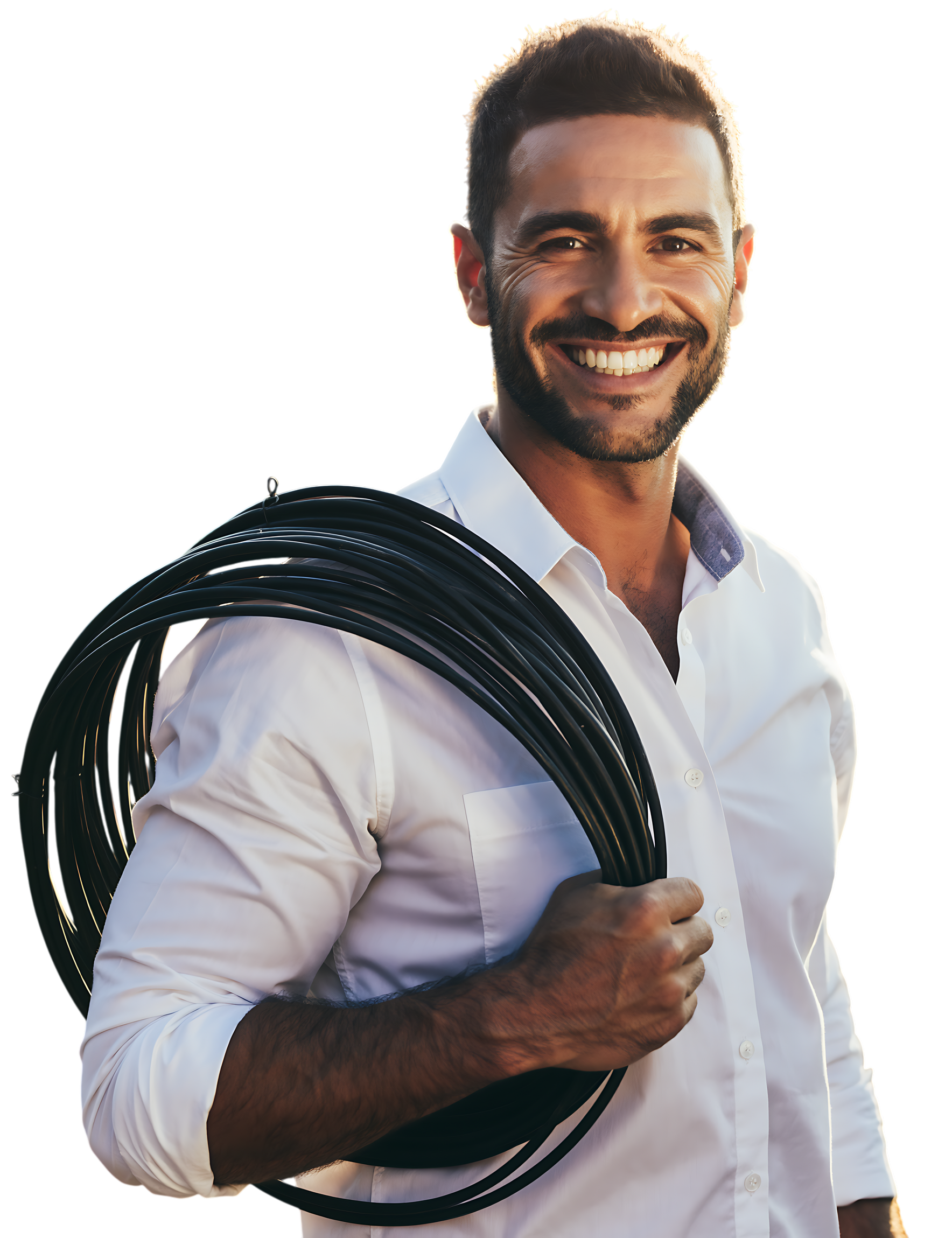 Homme en chemise blanche souriant, portant un câble noir enroulé.