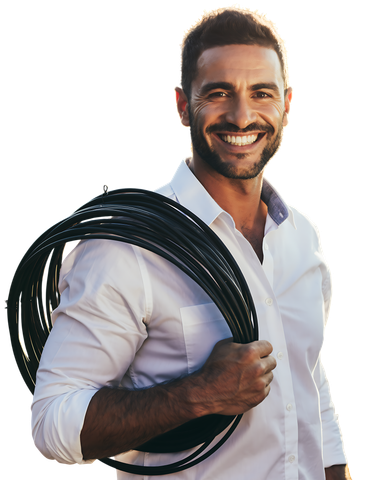 Homme en chemise blanche souriant, portant un câble noir enroulé.