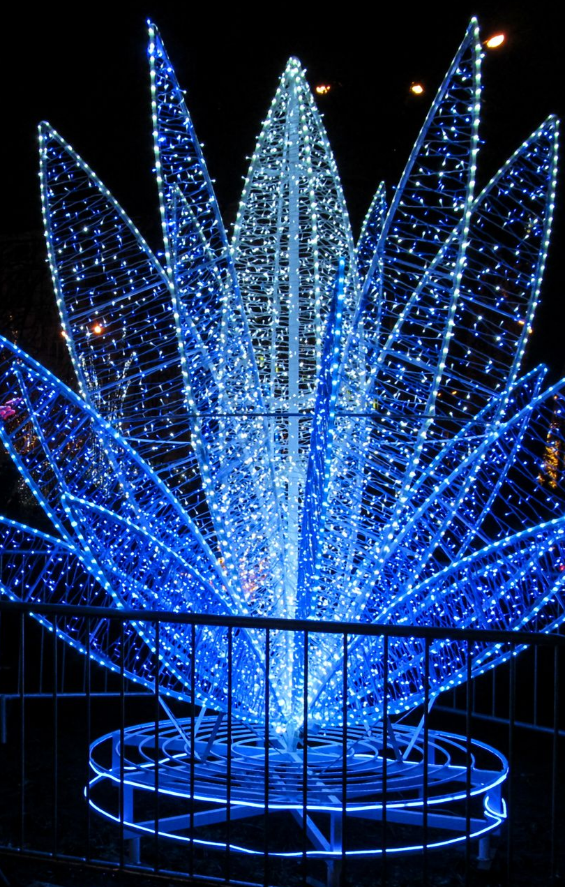 Sculpture de fleur de lotus illuminée en bleu la nuit.