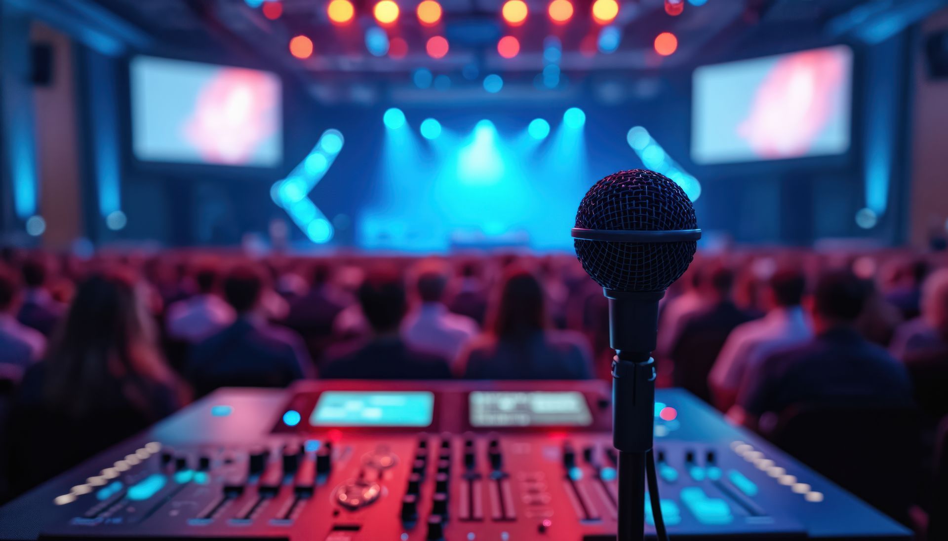 Microphone et console de mixage au premier plan ; public et scène avec des lumières bleues et rouges floues en arrière-plan.