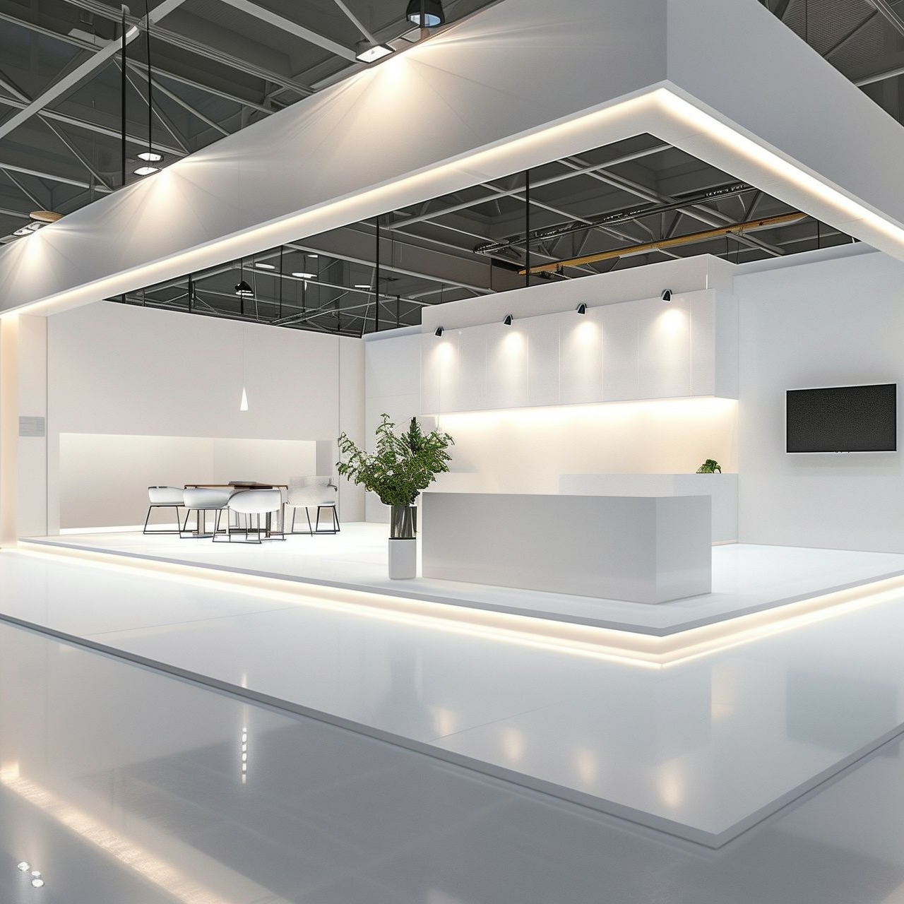 Stand d'exposition moderne blanc avec éclairage, comptoir d'accueil et décor minimaliste.