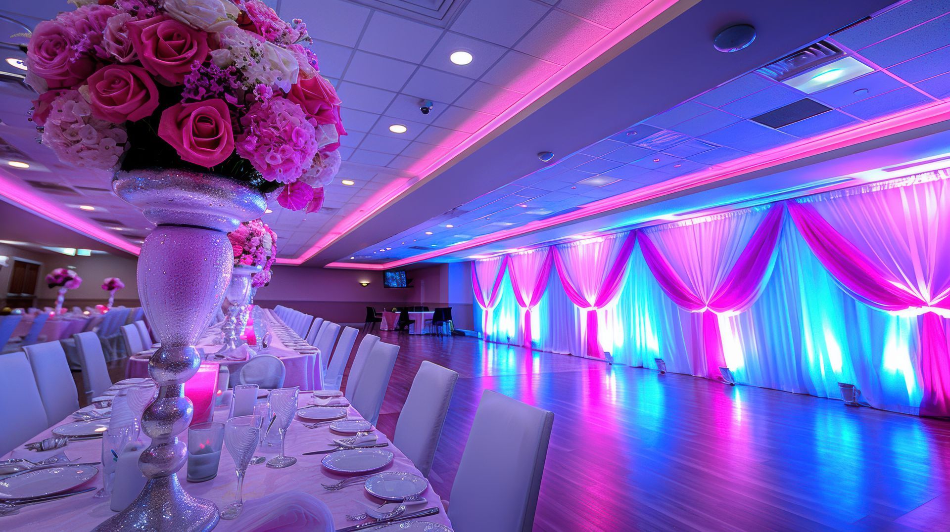 De longues tables à manger dans une salle de banquet illuminée, décorée d'éclairages roses et violets et de compositions florales.