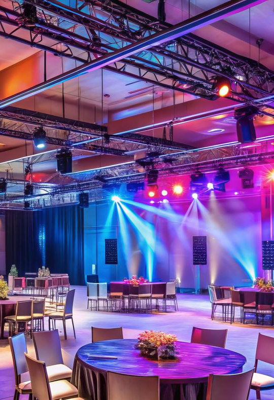 Salle de réception avec tables rondes, chaises et scène. Des projecteurs colorés illuminent l'espace.