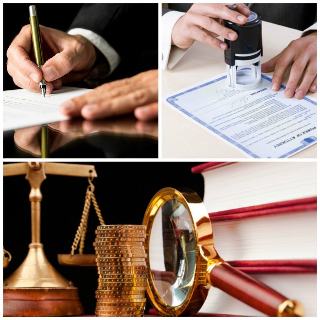Un hombre está firmando un documento junto a una lupa y una balanza de la justicia.