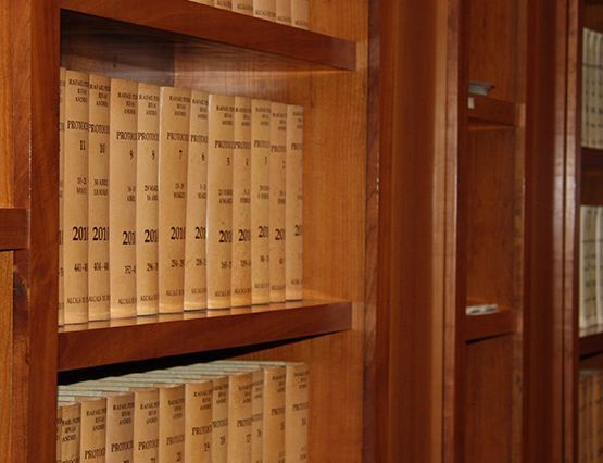 Una fila de libros en un estante de madera con el número 30 en el lomo.