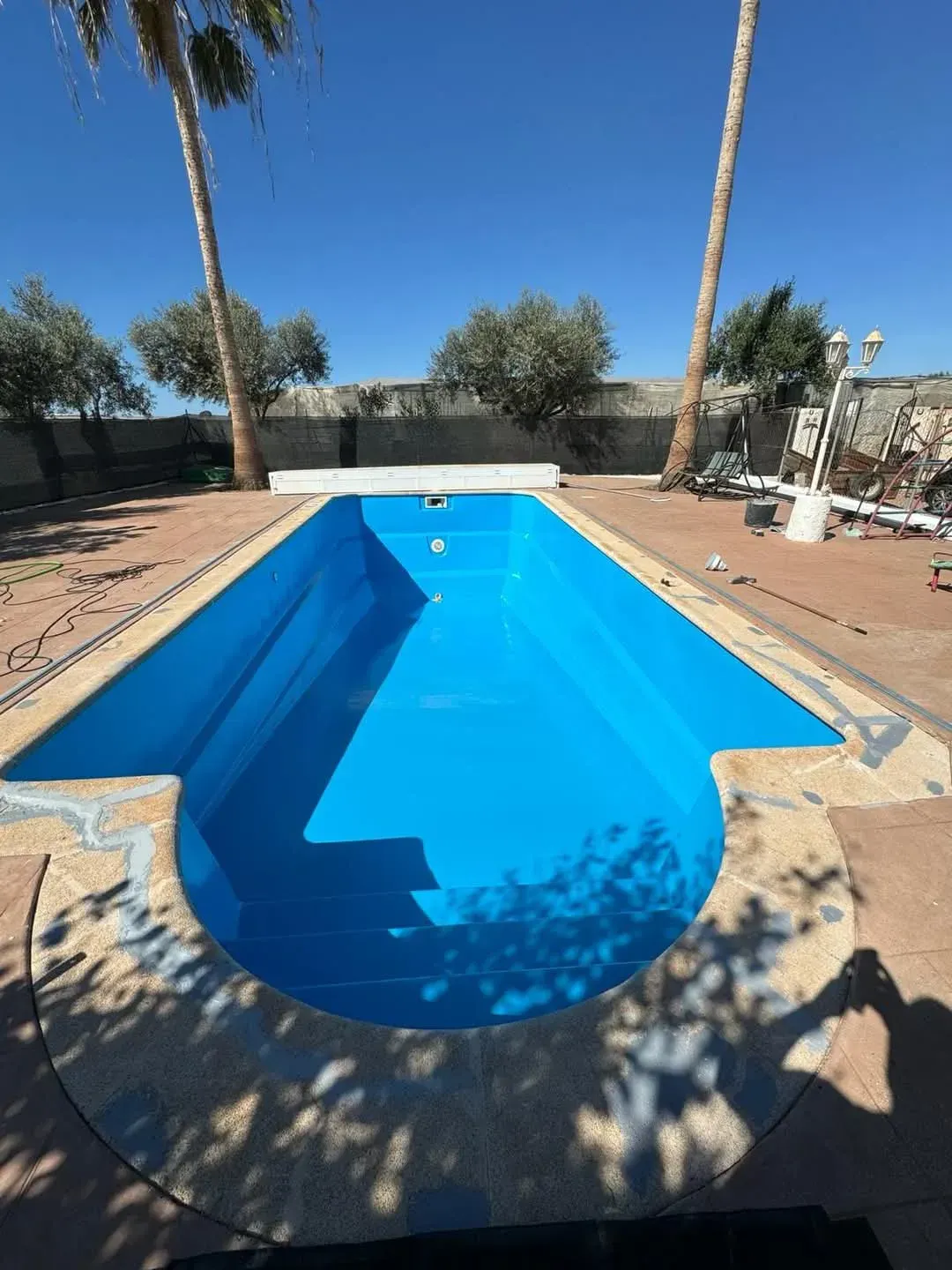 Piscina azul vacía con borde color canela y palmeras contra un cielo azul claro.