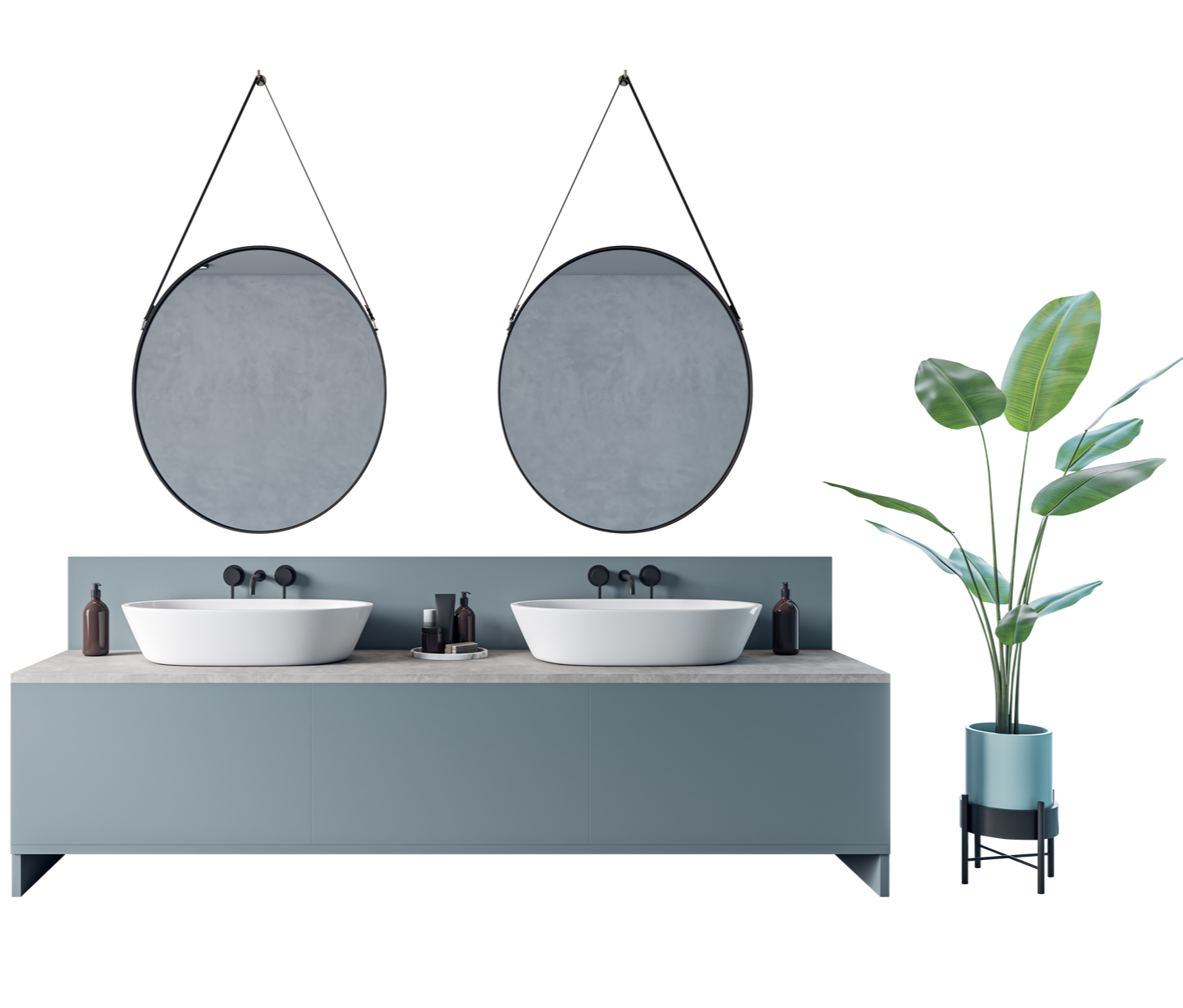 Salle de bains avec deux miroirs ronds, vasques et une plante en pot.