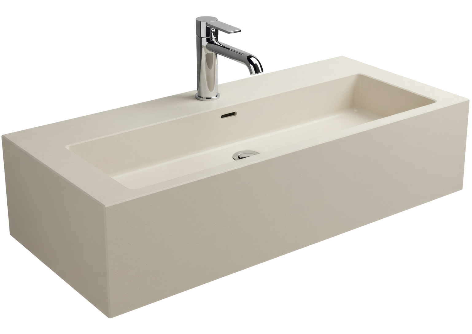 Lavabo rectangulaire beige avec robinet chromé.