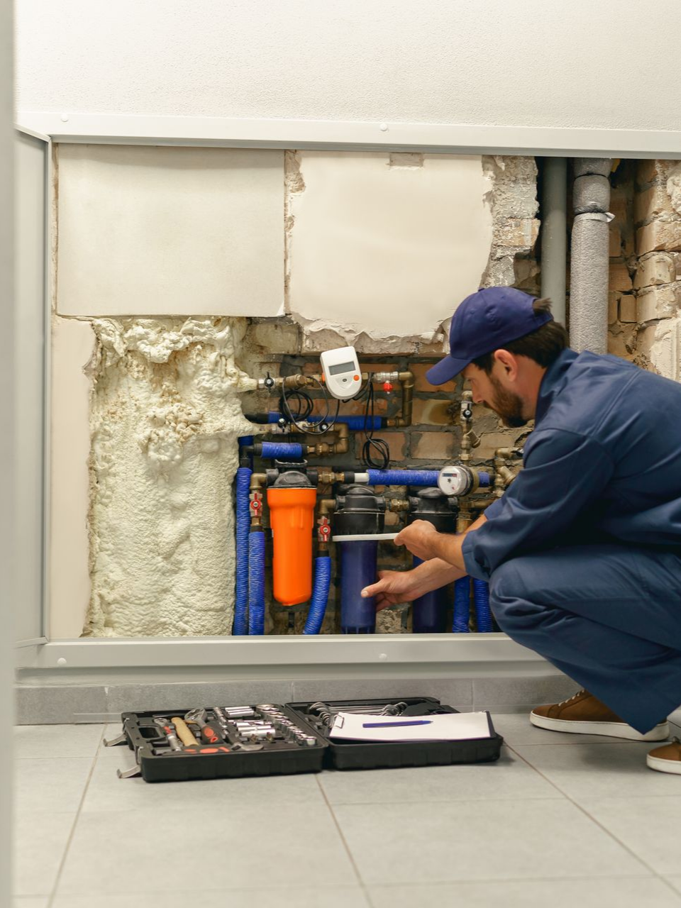 Plombier en uniforme bleu travaillant sur des canalisations d'eau à l'intérieur d'un mur.