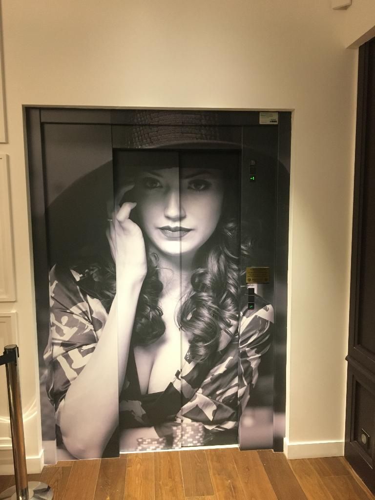 Un portrait en noir et blanc d'une personne, imprimé sur les portes fermées d'un ascenseur intérieur.