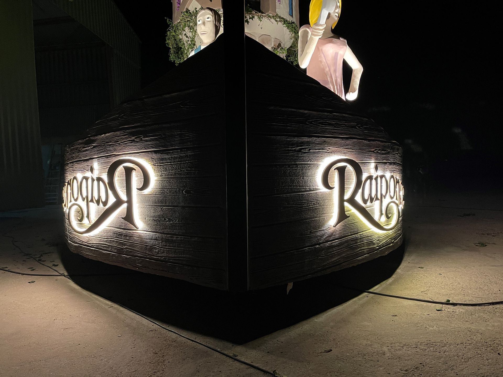 Une vitrine sombre, installée dans un coin, la nuit, avec des panneaux texturés rétroéclairés portant l'inscription Raiponce, et des personnages visibles derrière la structure.
