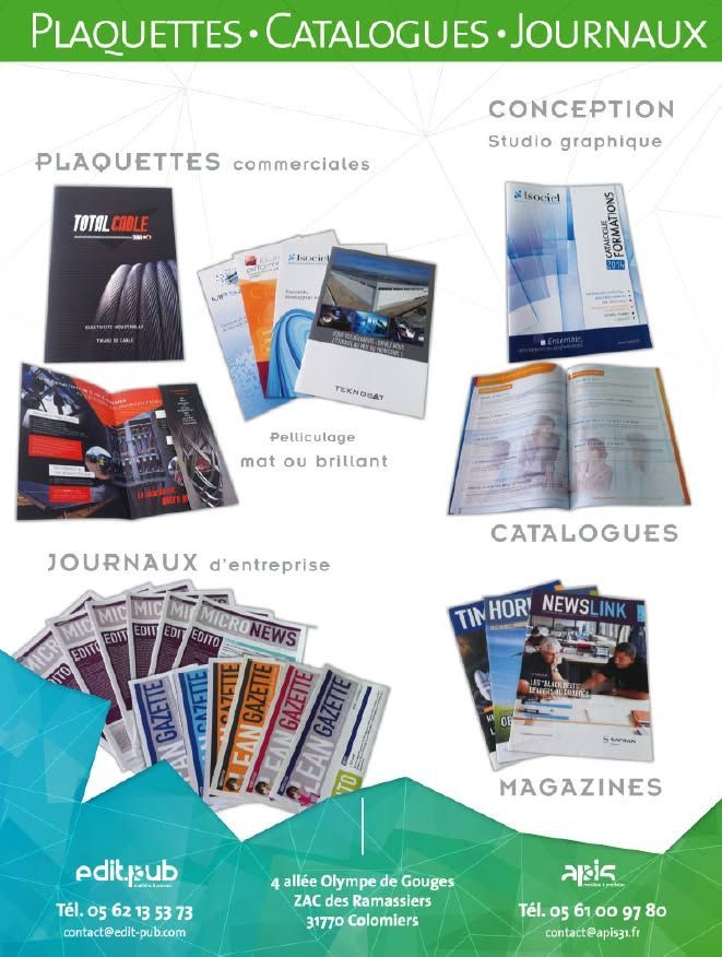 Couverture de brochure française présentant des exemples de livrets, catalogues, revues et magazines sur fond bleu-vert