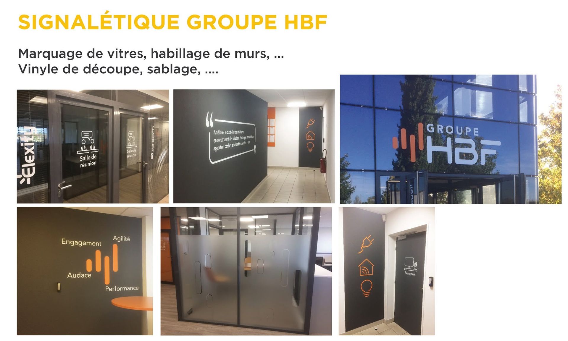 Signalétique du groupe HBF : enseignes et marquage vitré noirs dans un hall moderne.