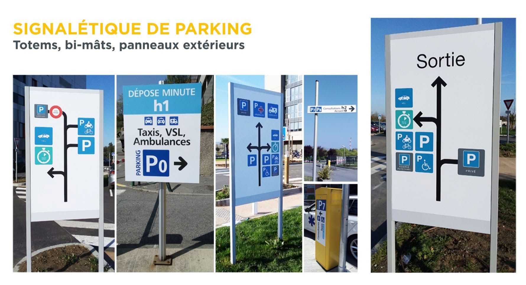 Panneaux de signalisation de stationnement extérieurs avec des panneaux directionnels bleus et blancs et des flèches Sortie.
