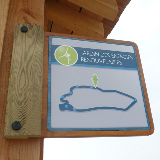Panneau Jardin des énergies renouvelables avec une icône de feuille et une carte routière bleue sur un revêtement en bois.